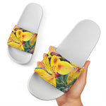 Yellow Alstroemeria Print White Slide Sandals