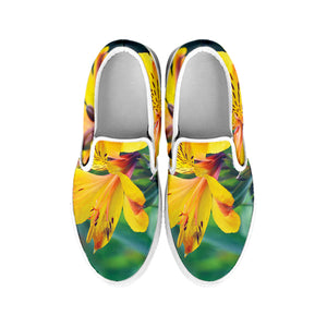 Yellow Alstroemeria Print White Slip On Shoes