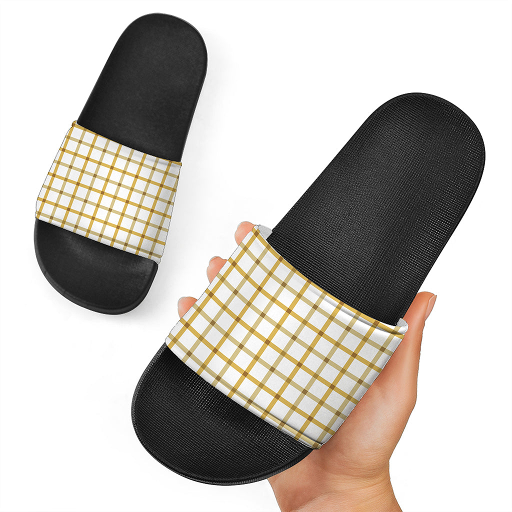 Yellow And Beige Tattersall Print Black Slide Sandals