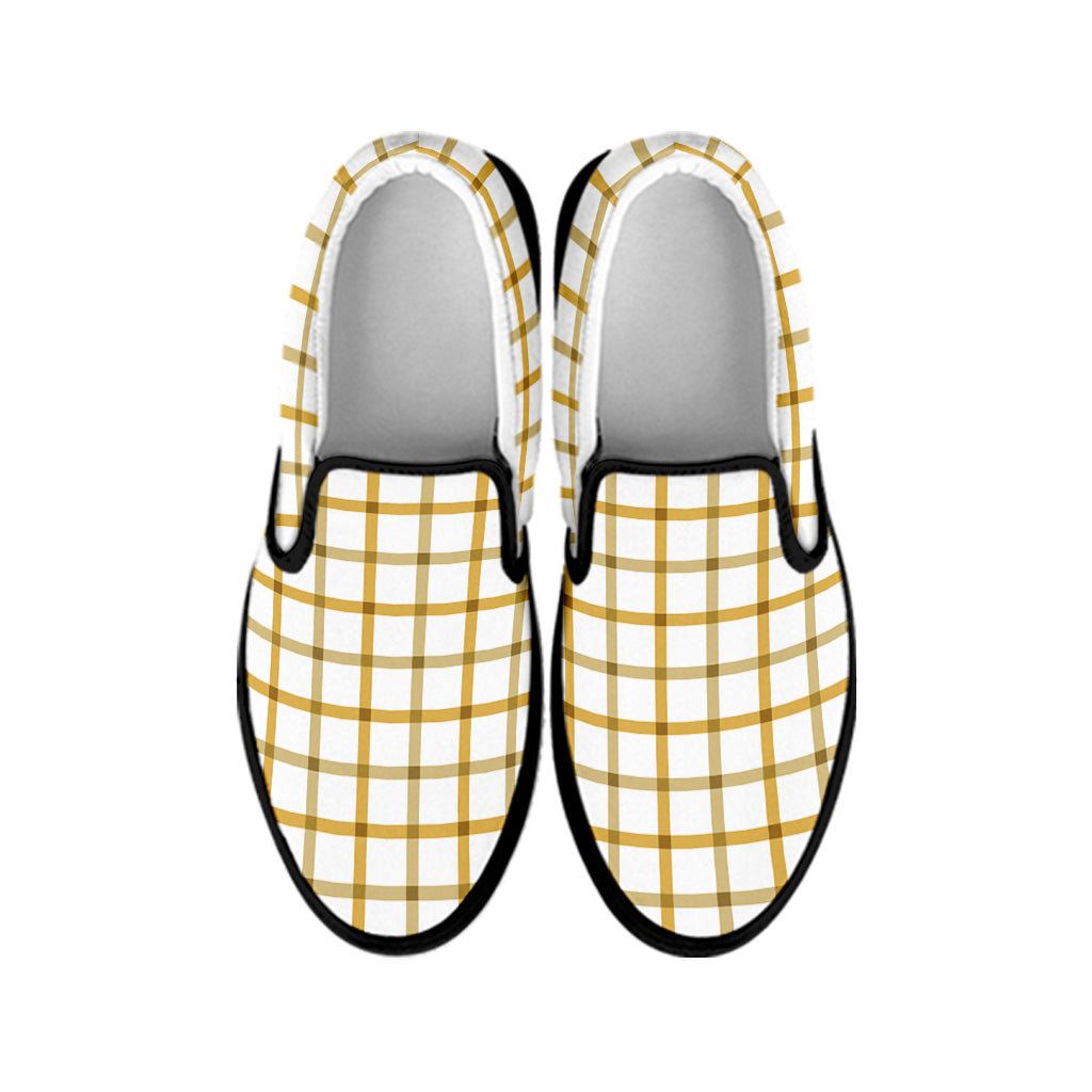 Yellow And Beige Tattersall Print Black Slip On Shoes