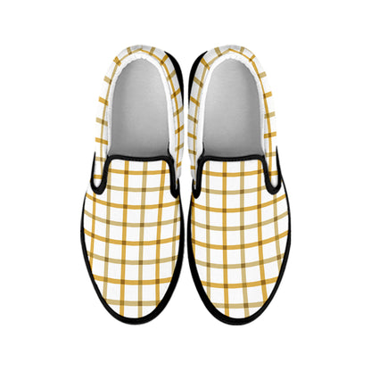 Yellow And Beige Tattersall Print Black Slip On Shoes