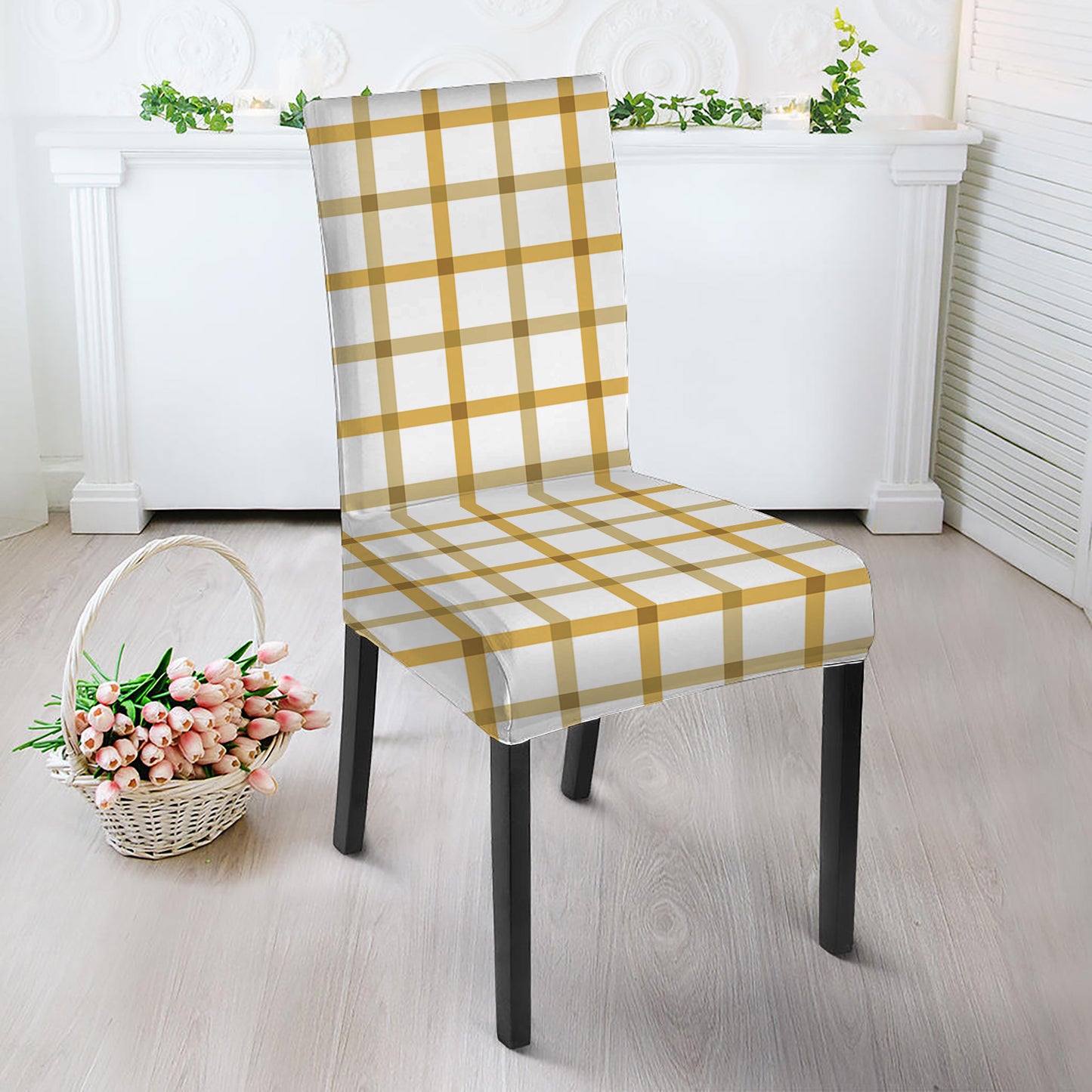 Yellow And Beige Tattersall Print Dining Chair Slipcover