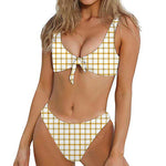 Yellow And Beige Tattersall Print Front Bow Tie Bikini