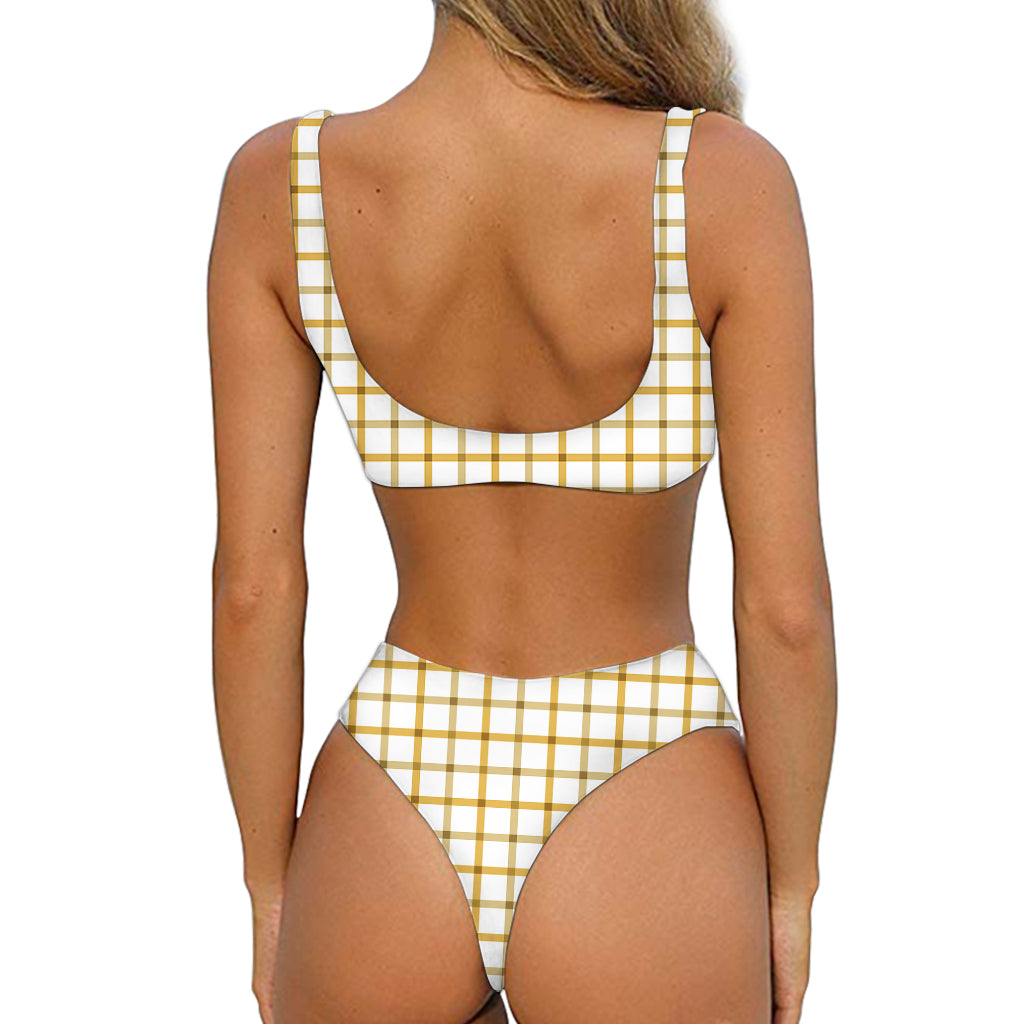 Yellow And Beige Tattersall Print Front Bow Tie Bikini