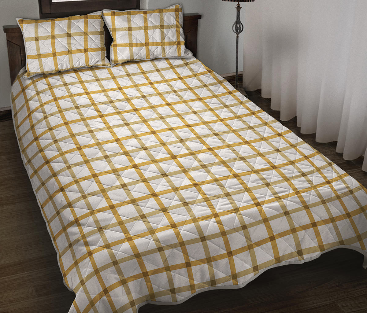 Yellow And Beige Tattersall Print Quilt Bed Set