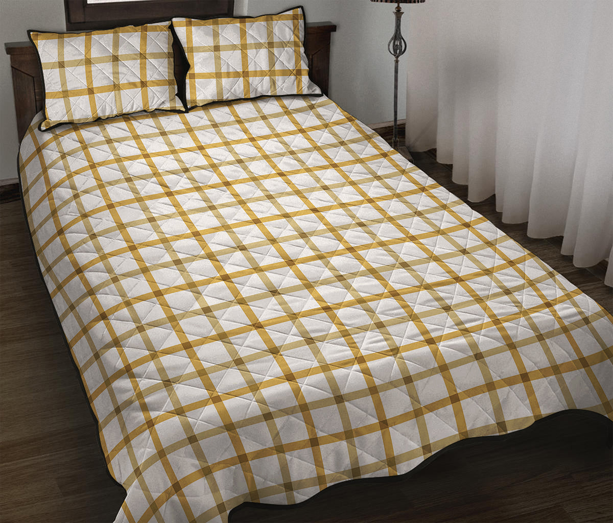 Yellow And Beige Tattersall Print Quilt Bed Set
