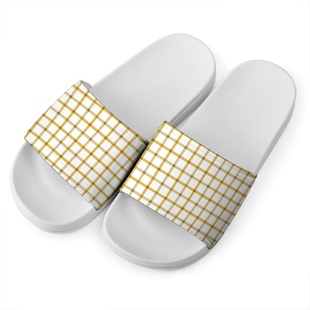 Yellow And Beige Tattersall Print White Slide Sandals
