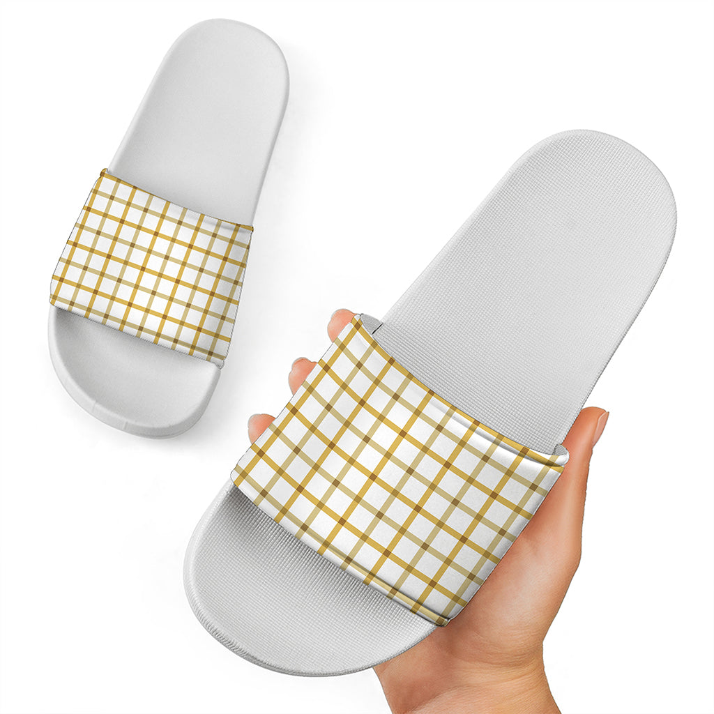 Yellow And Beige Tattersall Print White Slide Sandals
