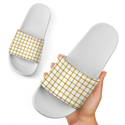Yellow And Beige Tattersall Print White Slide Sandals