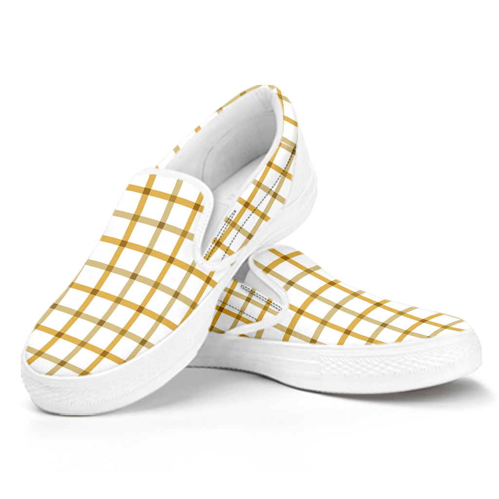 Yellow And Beige Tattersall Print White Slip On Shoes