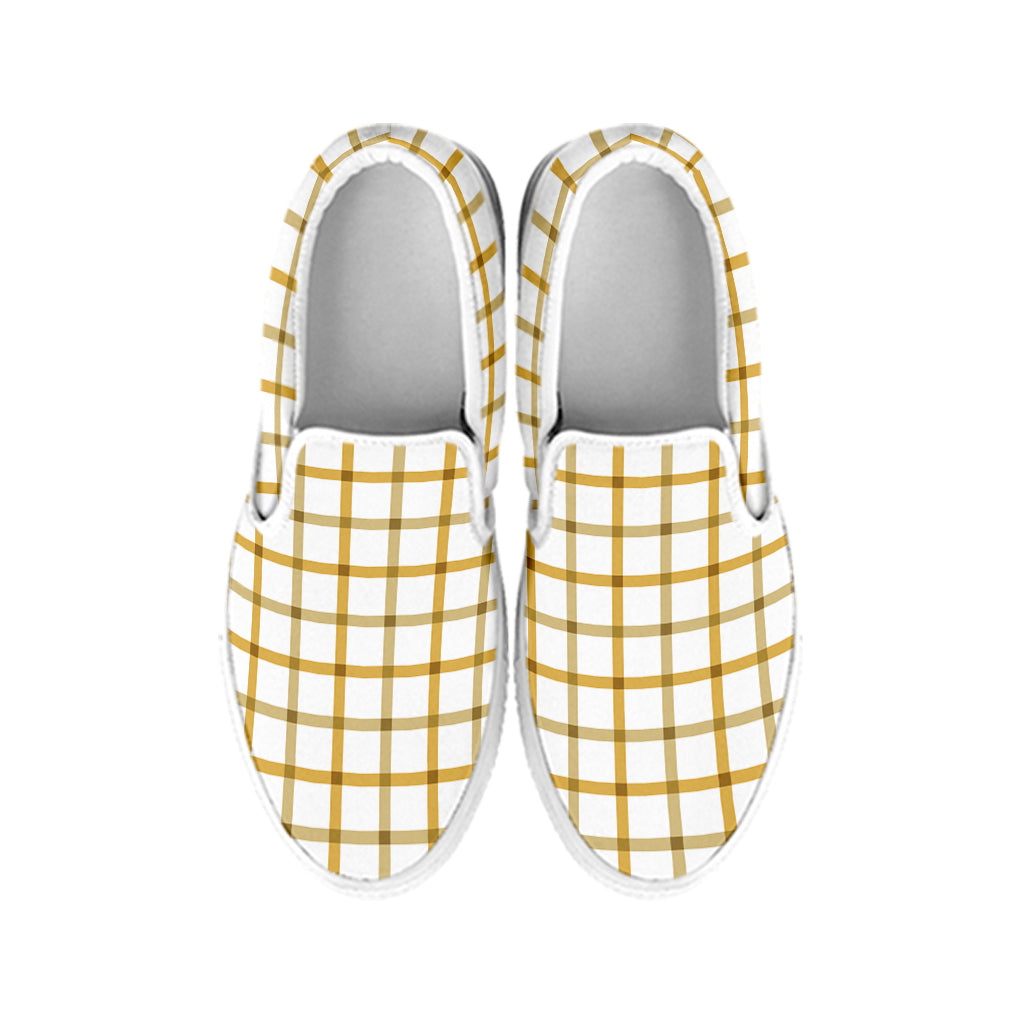Yellow And Beige Tattersall Print White Slip On Shoes