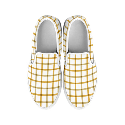 Yellow And Beige Tattersall Print White Slip On Shoes