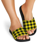 Yellow And Black Buffalo Check Print Black Slide Sandals