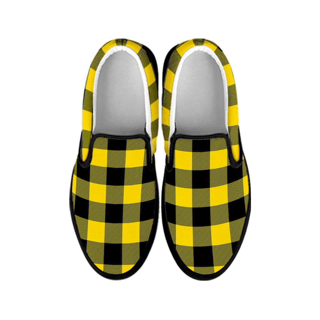 Yellow And Black Buffalo Check Print Black Slip On Shoes