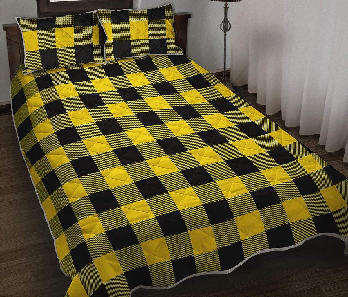 Yellow And Black Buffalo Check Print Quilt Bed Set