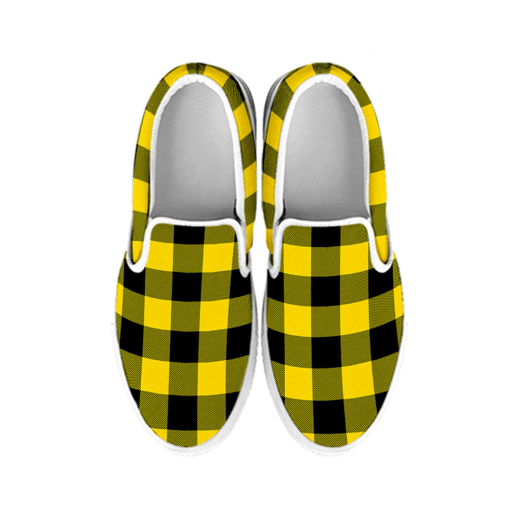 Yellow And Black Buffalo Check Print White Slip On Shoes