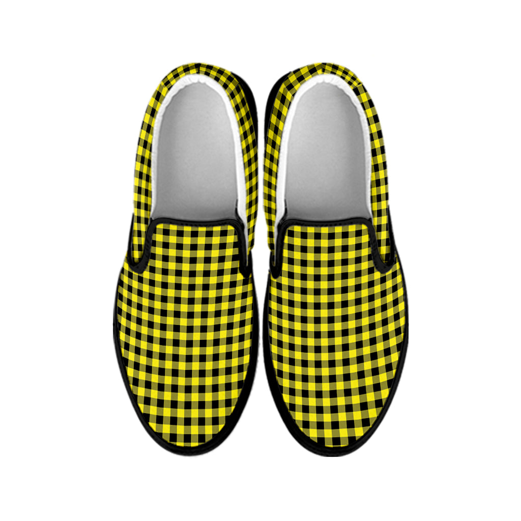 Yellow And Black Check Pattern Print Black Slip On Shoes