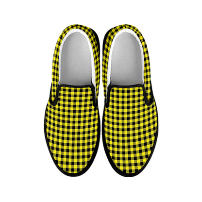 Yellow And Black Check Pattern Print Black Slip On Shoes