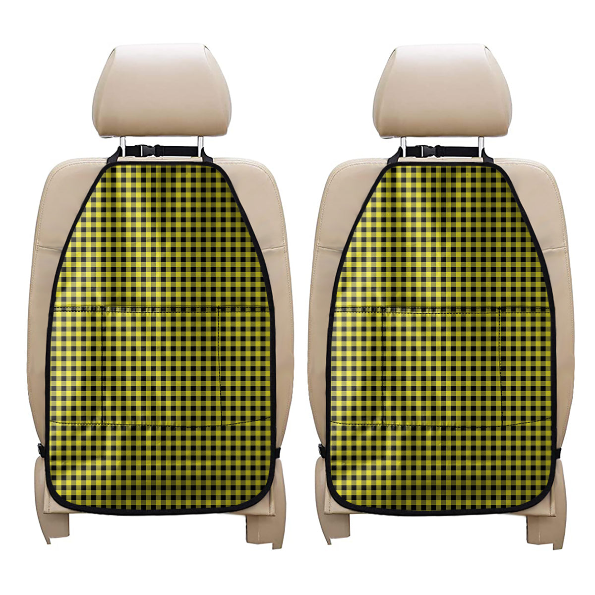 Yellow And Black Check Pattern Print Car Seat Organizers