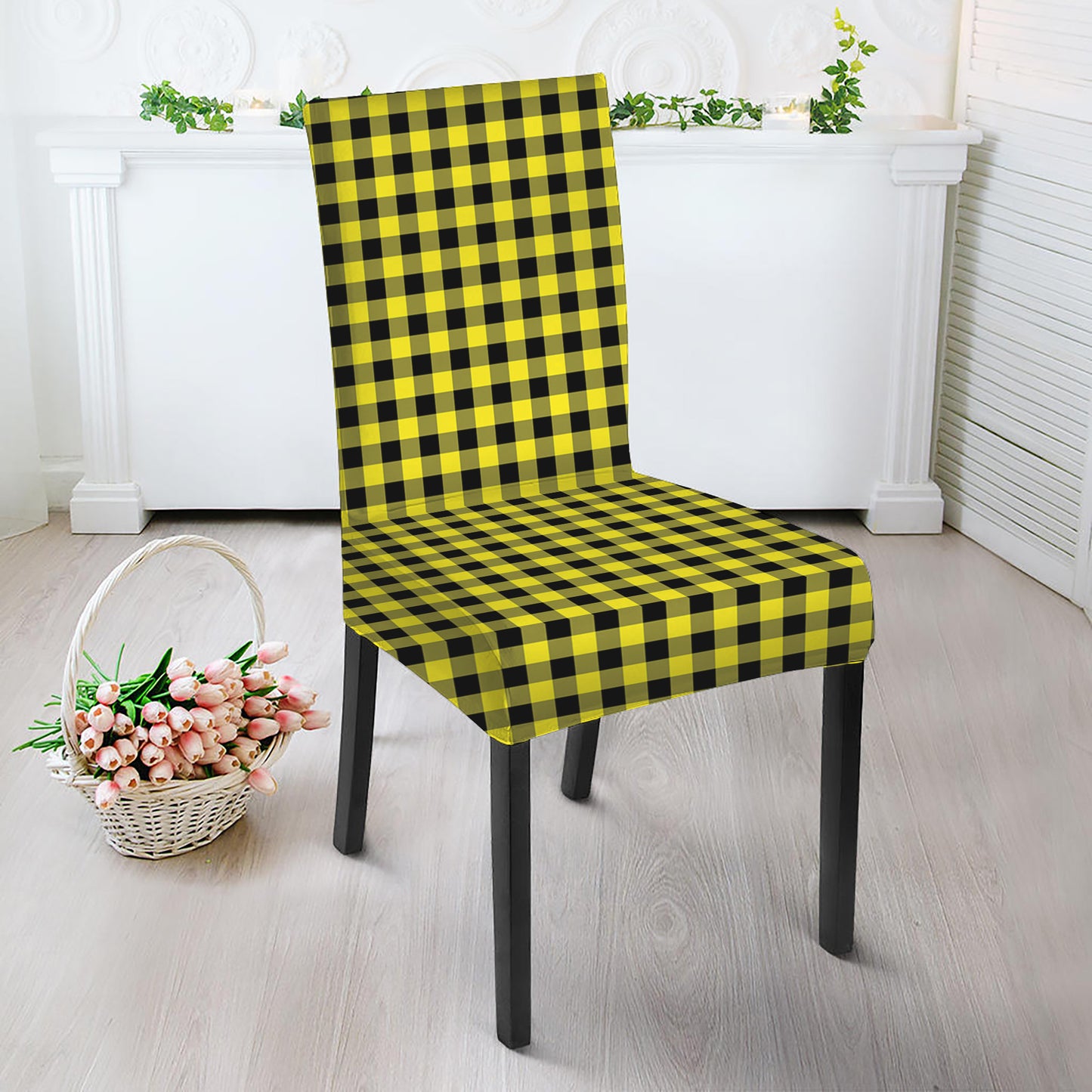 Yellow And Black Check Pattern Print Dining Chair Slipcover