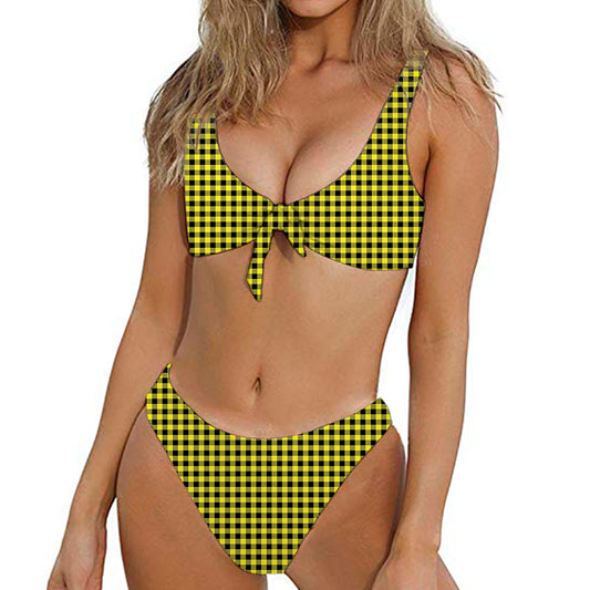 Yellow And Black Check Pattern Print Front Bow Tie Bikini