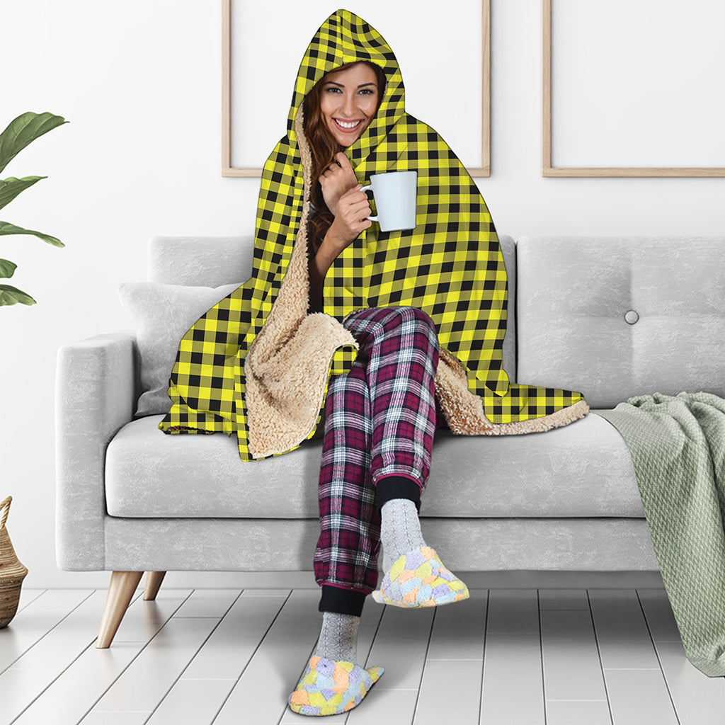 Yellow And Black Check Pattern Print Hooded Blanket
