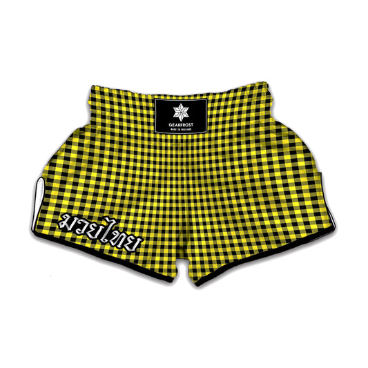 Yellow And Black Check Pattern Print Muay Thai Boxing Shorts