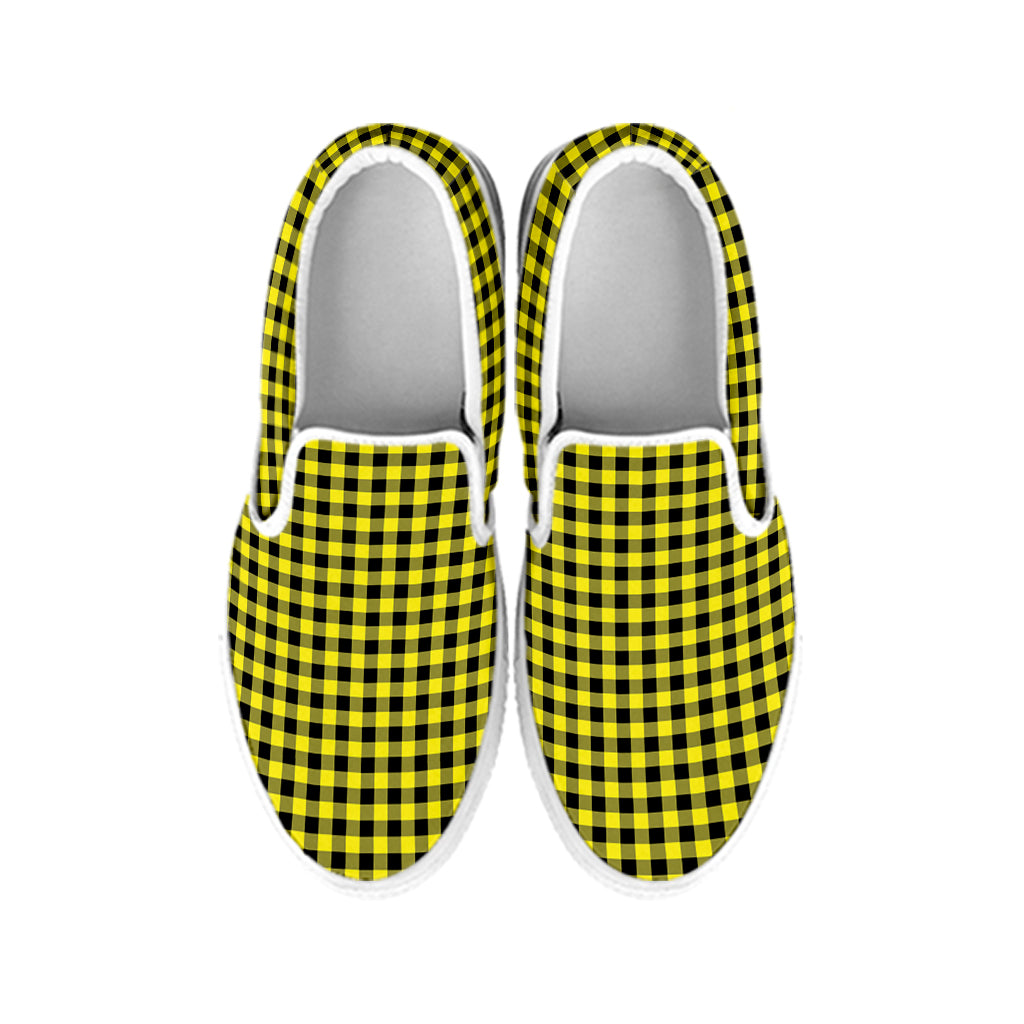 Yellow And Black Check Pattern Print White Slip On Shoes