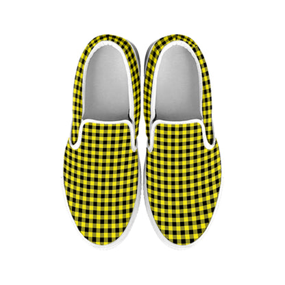 Yellow And Black Check Pattern Print White Slip On Shoes