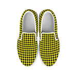 Yellow And Black Check Pattern Print White Slip On Shoes