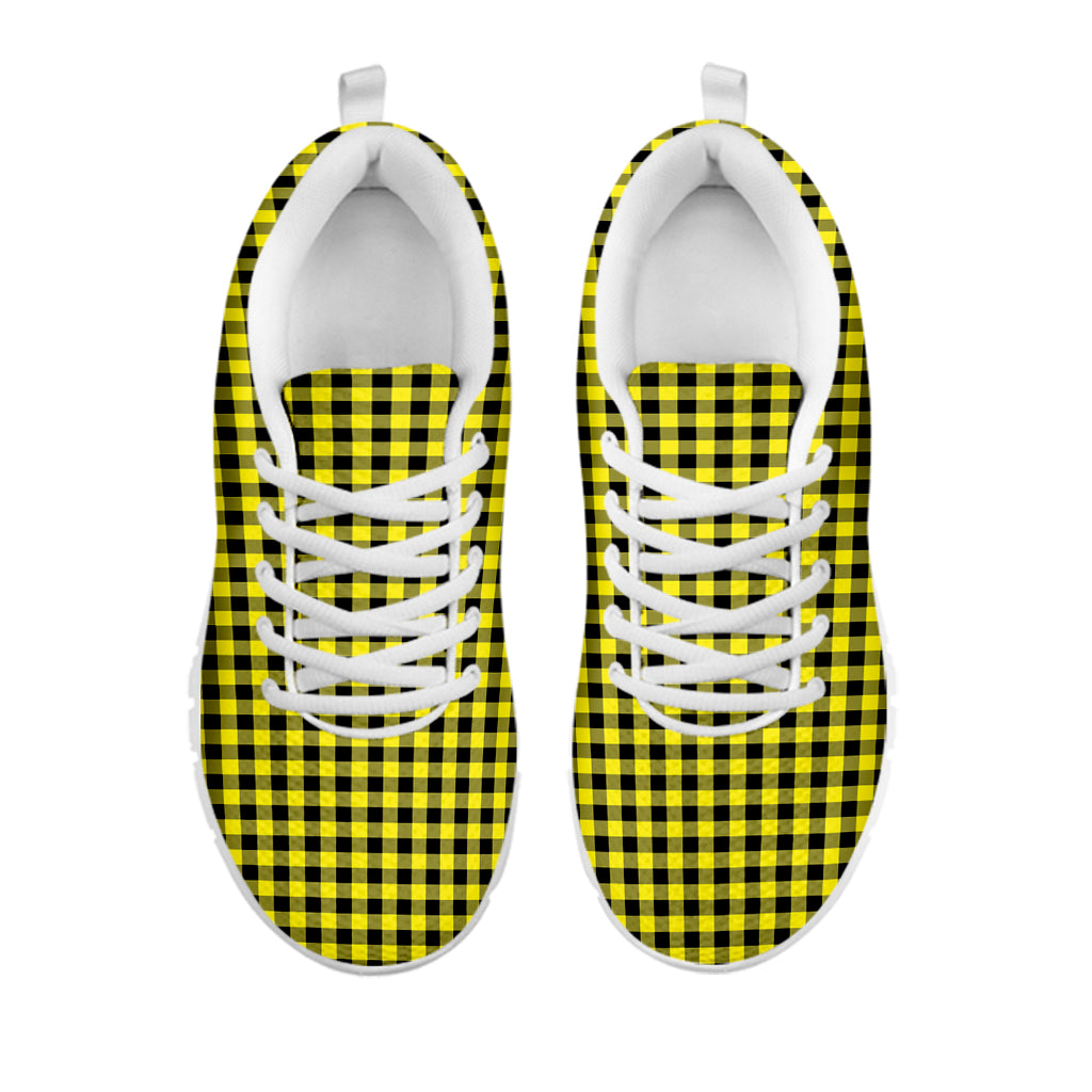 Yellow And Black Check Pattern Print White Sneakers