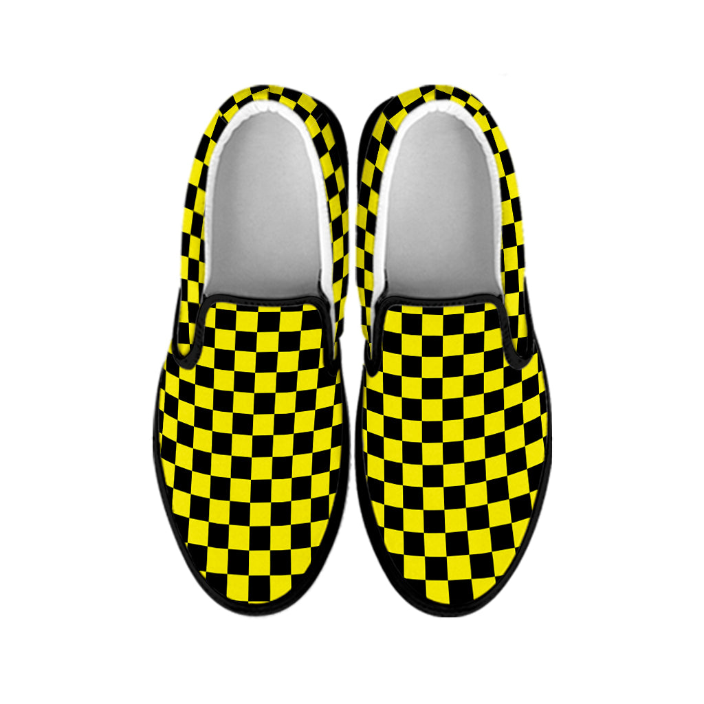 Yellow And Black Checkered Pattern Print Black Slip On Shoes