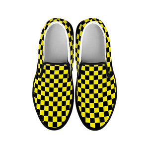 Yellow And Black Checkered Pattern Print Black Slip On Shoes