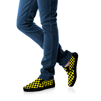 Yellow And Black Checkered Pattern Print Black Slip On Shoes