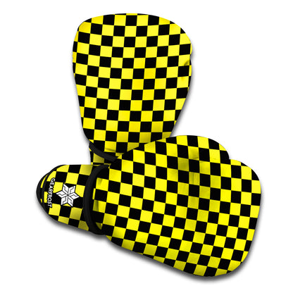 Yellow And Black Checkered Pattern Print Boxing Gloves