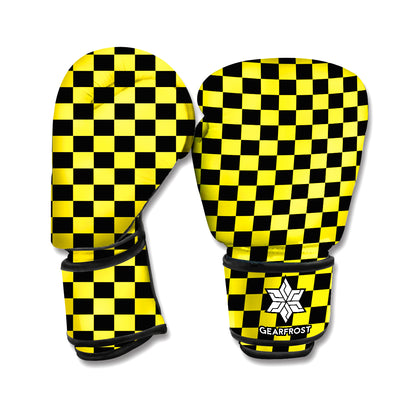 Yellow And Black Checkered Pattern Print Boxing Gloves