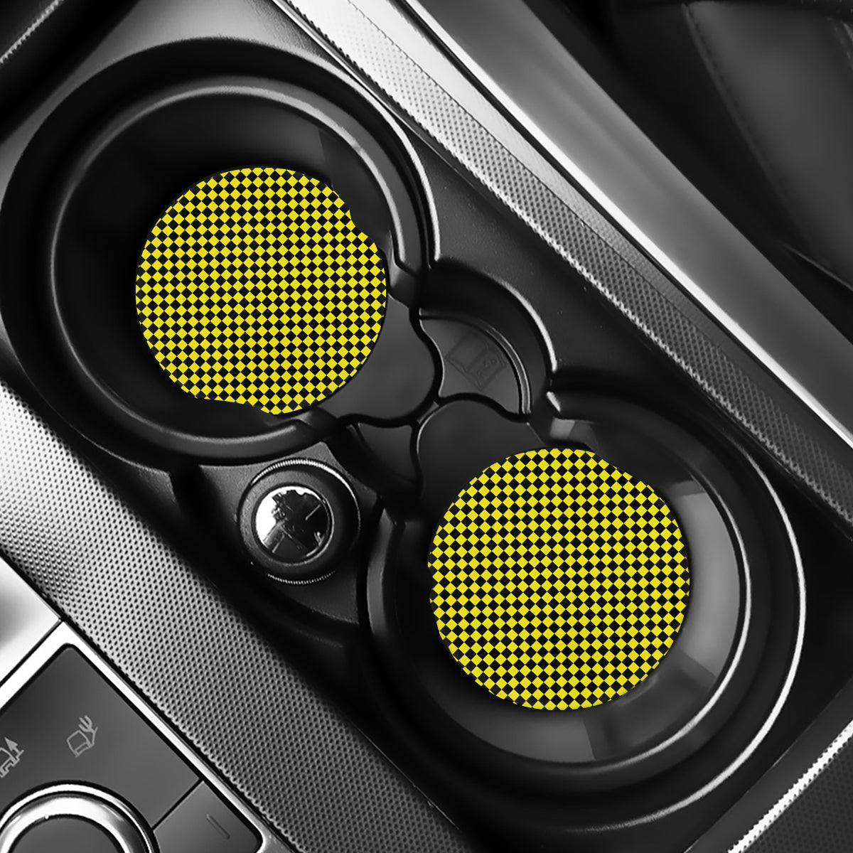 Yellow And Black Checkered Pattern Print Car Coasters