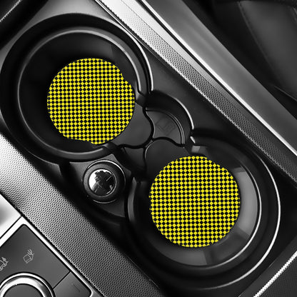 Yellow And Black Checkered Pattern Print Car Coasters