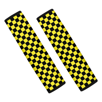 Yellow And Black Checkered Pattern Print Car Seat Belt Covers