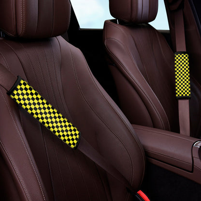 Yellow And Black Checkered Pattern Print Car Seat Belt Covers