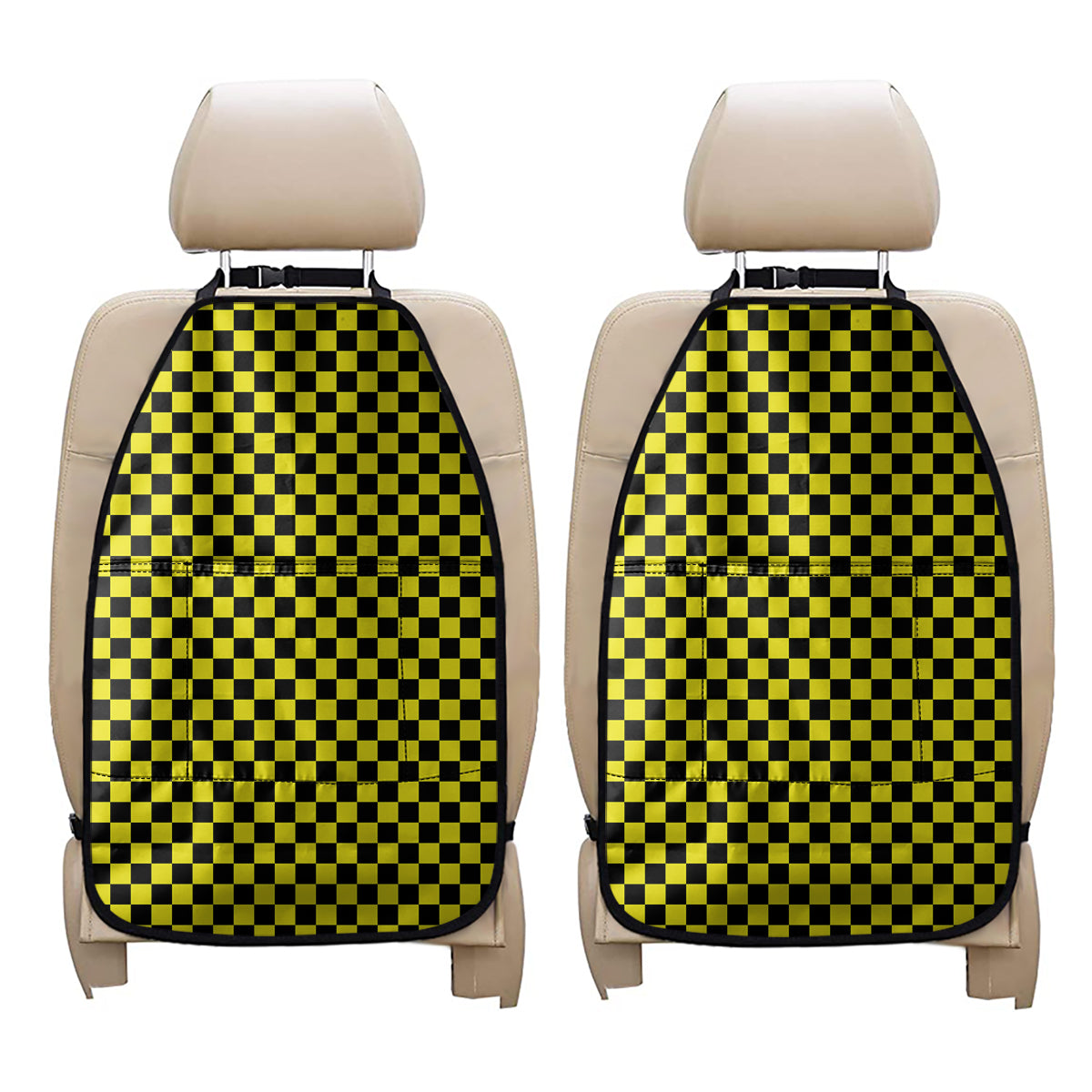Yellow And Black Checkered Pattern Print Car Seat Organizers