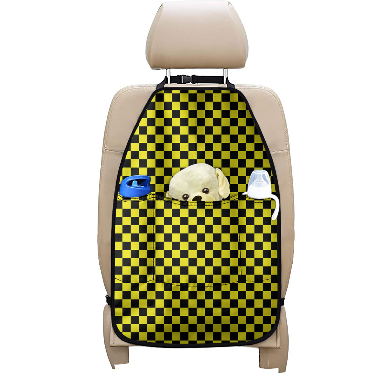 Yellow And Black Checkered Pattern Print Car Seat Organizers
