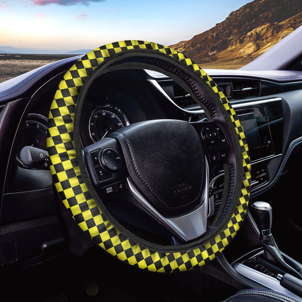 Yellow And Black Checkered Pattern Print Car Steering Wheel Cover