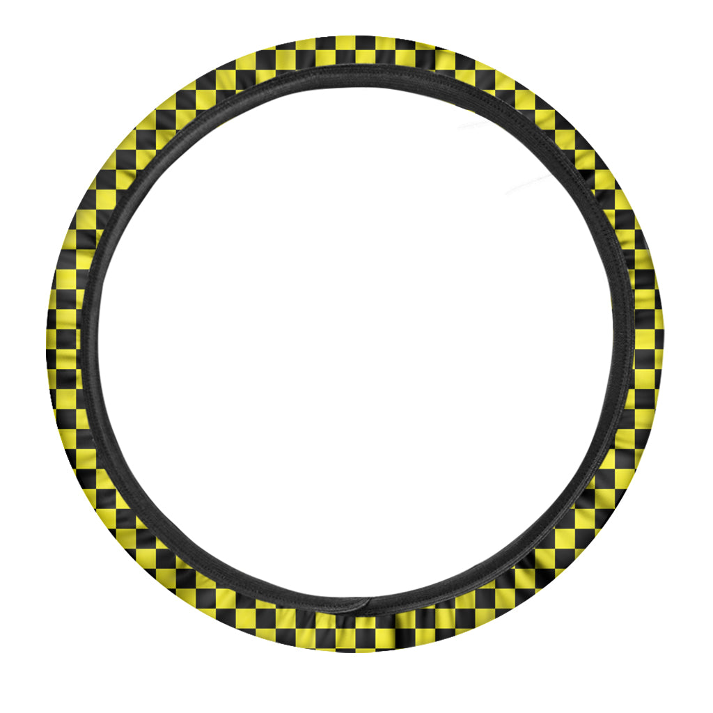 Yellow And Black Checkered Pattern Print Car Steering Wheel Cover