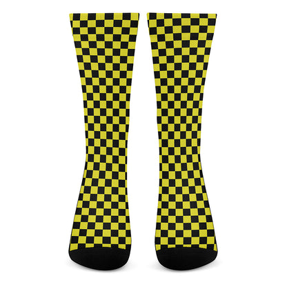 Yellow And Black Checkered Pattern Print Crew Socks