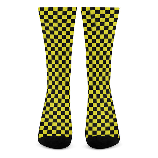 Yellow And Black Checkered Pattern Print Crew Socks