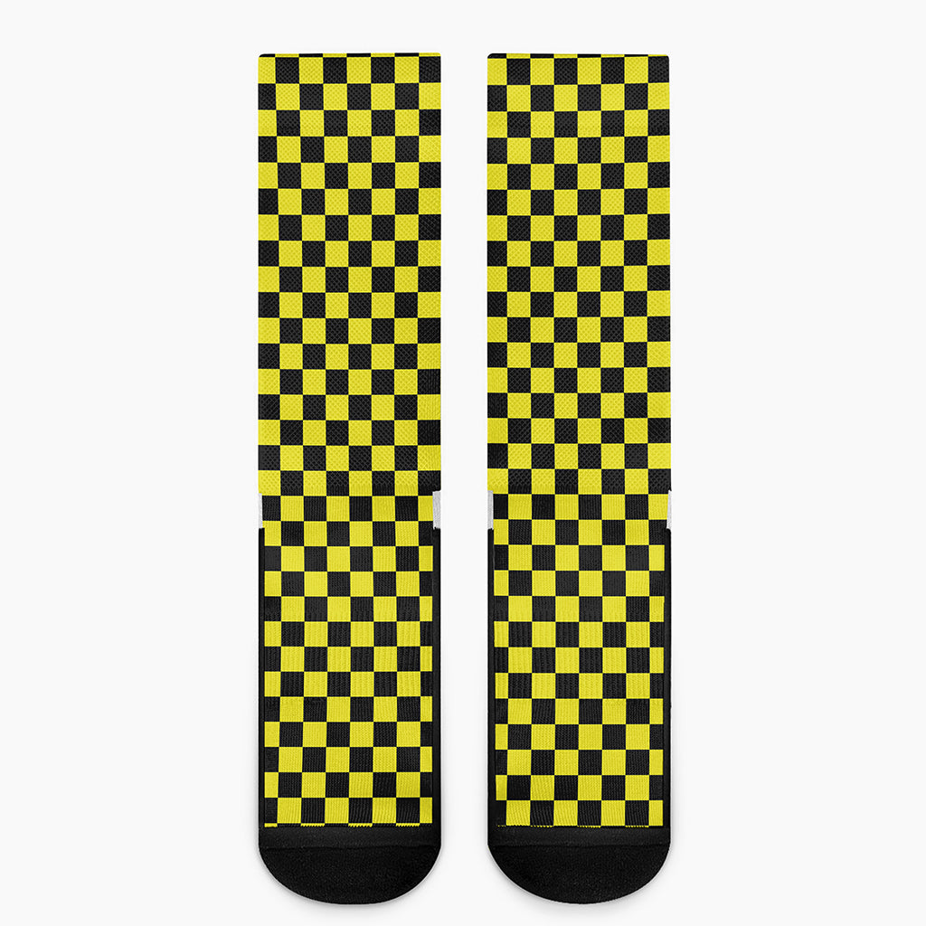 Yellow And Black Checkered Pattern Print Crew Socks