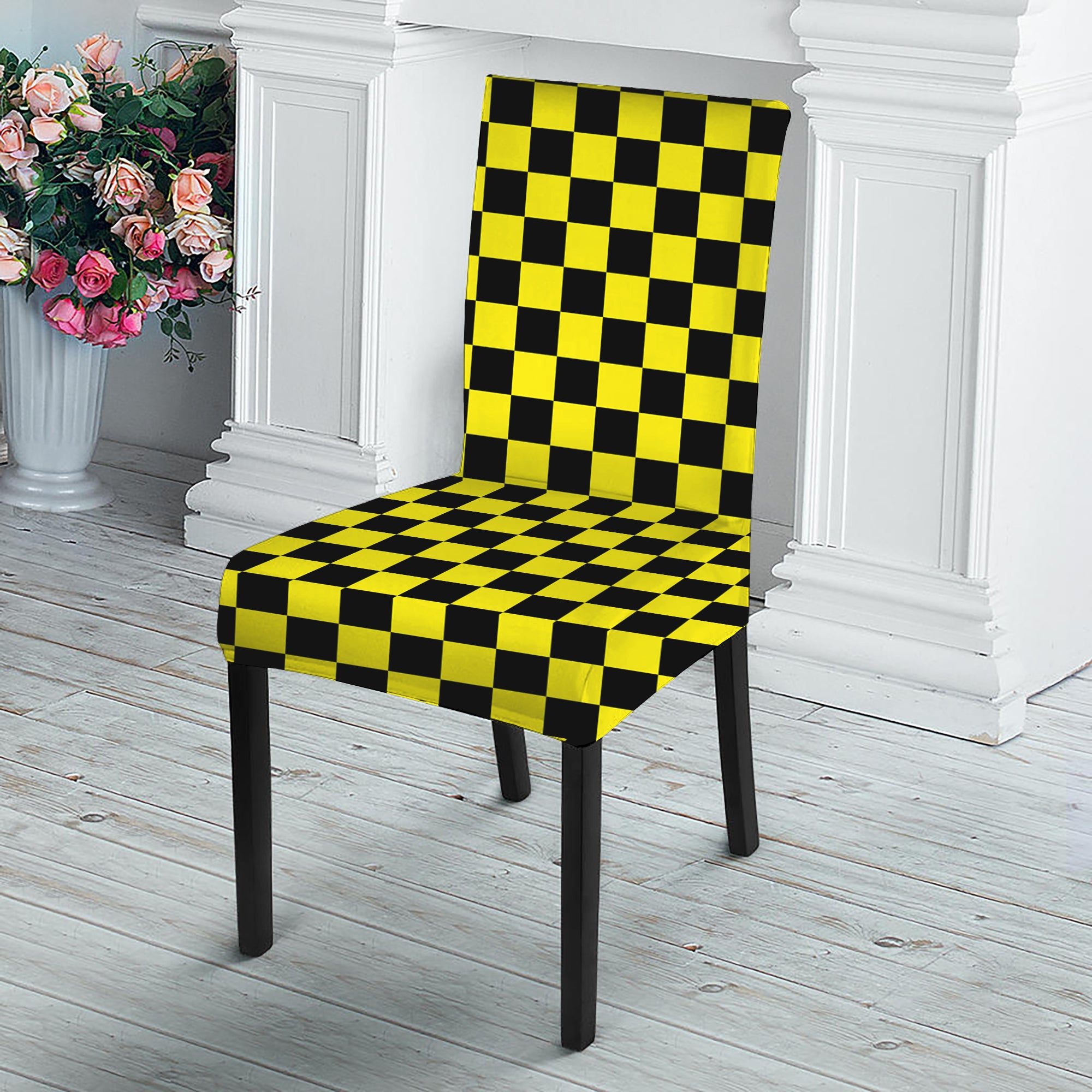 Yellow And Black Checkered Pattern Print Dining Chair Slipcover