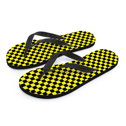 Yellow And Black Checkered Pattern Print Flip Flops