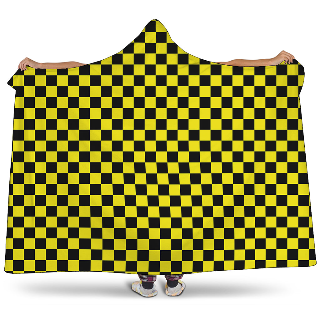 Yellow And Black Checkered Pattern Print Hooded Blanket